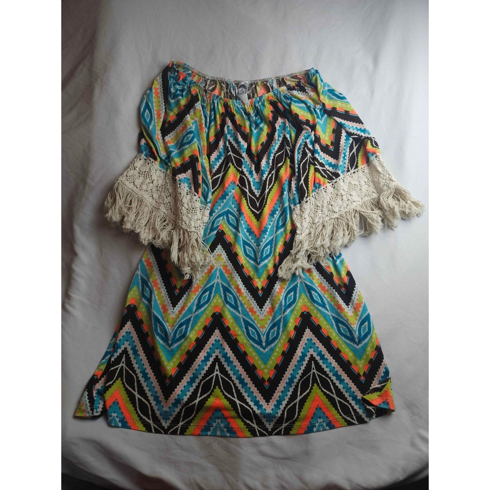 2B Together Neon Chevron Fringe Crochet Lace Off Shoulder Mini‎ Dress Small